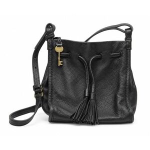 Vintage Fossil Bucket Bag Black Leather Y2K Boho Slouchy Tassel Crossbody Key